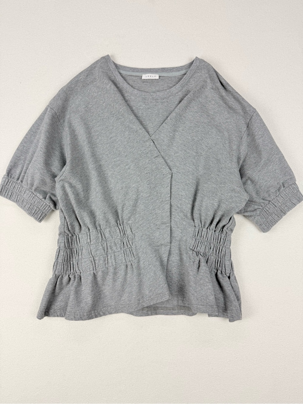 Leelu Grey Smocked Waist Top Size Small Puff Sleeve Peplum Casual Minimalist